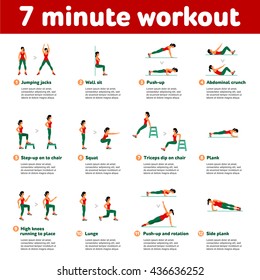  7 minute workout. Fitness, Aerobic  and workout exercise in gym. Set of gym icons in flat style isolated on white background. People in gym. Gym equipment, dumbbell, weights, treadmill, ball.
