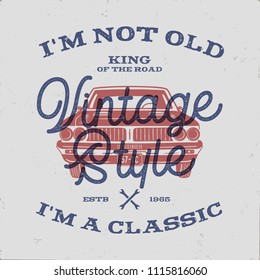 70 Birthday Anniversary Gift T-Shirt. I m not Old I m a Classic, King of the Road words with classic car. Born in 1948. Distressed retro style poster, tee. Stock isolated on vintage. - Powered by Shutterstock