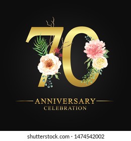 70 years anniversary celebration logotype. Flower made of paint floral and leaf watercolor on gold numbers layer path, clipping path isolated on black background. Design for wedding invites card. - Powered by Shutterstock