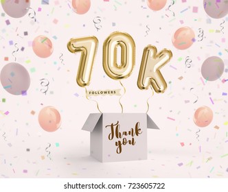 70k, 70000 followers thank you with gold balloons and colorful confetti. Illustration 3d render for social network friends, followers, web user Thank you celebrate of subscriber, follower, like