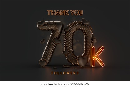 70k follower celebration banner on dark background with neon glow lighting 3d render concept
