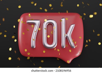 70k followers celebration. Social media achievement poster. 70K golden sign and glossy balloons for network, social media friends and subscribers. 3d render illustration.