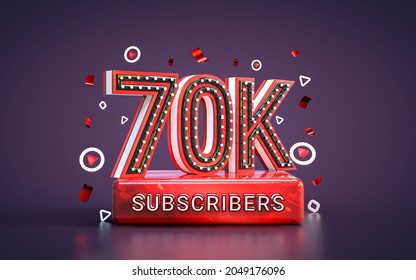 70k subscribers celebration. Seventy thousand followers social media congratulation card 3d render
