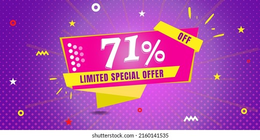 71% off limited special offer. Banner with seventy one percent discount on a purple background with yellow square and pink