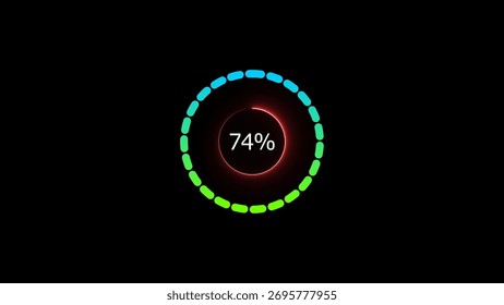 74% neon circle loading bar illustration. a modern red color neon loading illustration. on a black background. and creating a stunning 4k illustration.