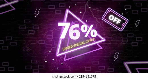 76% off limited special offer. Banner with seventy six percent discount on a black background with purple triangles neon