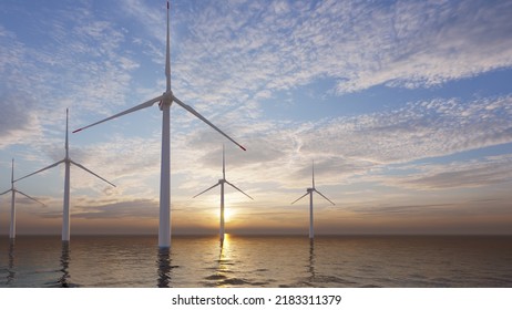 7640x4320. Ocean Wind Farm. Windmill Farm In The Ocean. Offshore Wind Turbines In The Sea. Wind Turbine From Aerial View, 3d Rendering.