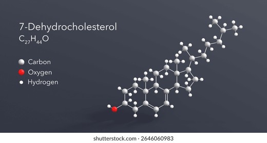 7-dehydrocholesterol molecule 3d rendering, flat molecular structure with chemical formula and atoms color coding