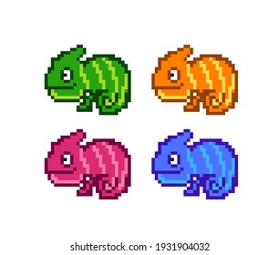 8 bit pixel multicolored chameleons. illustration. cartoon drawing. white background. isolated object