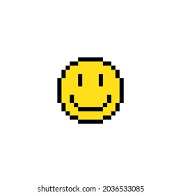 8 Bit Pixel Yellow Circle With Smile. Emoji Icon. Illustration. White Background. Isolated Object