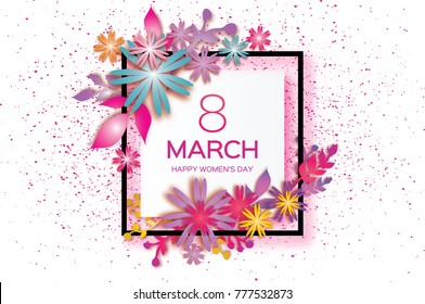 8 March. Happy Mother's Day. Colorful Paper cut Floral Greeting card. Origami flower and leaves holiday background. Square Frame, space for text. Happy Women's Day.  illustration - Powered by Shutterstock