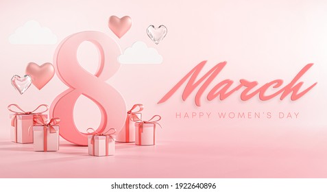 8 March Happy Women's Day Love Heart 3D Rendering Banner