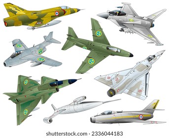 8 types of single jet engine airplane  collection (Manga style Vector illustration)