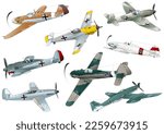8 types of single propeller fighter illustration set.