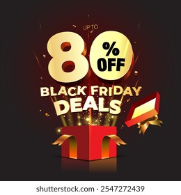 80% off black friday deals pop-up from red open gift box on black background. Flyer design, Discount, sale, offer and shopping concept.  - Powered by Shutterstock