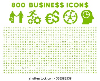 800 Business Glyph Icons. Style Is Eco Green Flat Symbols On A White Background.