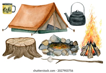 80100 Watercolor Tourism Elements Clipart Set. Tent, Kettle, Mug, Tree Stump, Bonfire, Marshmallows.