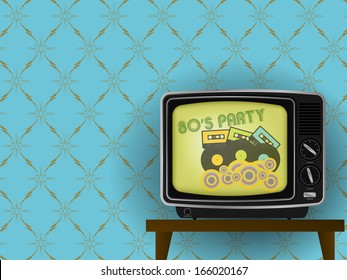 80s Party - Illustration Of Retro TV With Luxury Vintage Wallpaper In Background
