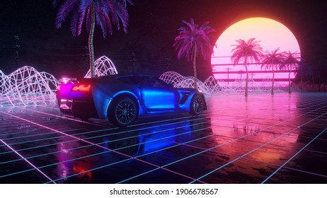 80s Retro Background 3d Illustration. Futuristic Car Drive Through Neon Abstract Space.