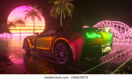 80s Retro Background 3d Illustration. Futuristic Car Drive Through Neon Abstract Space.