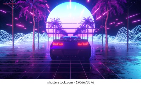 80s retro background 3d illustration. Futuristic car drive through neon abstract space.
