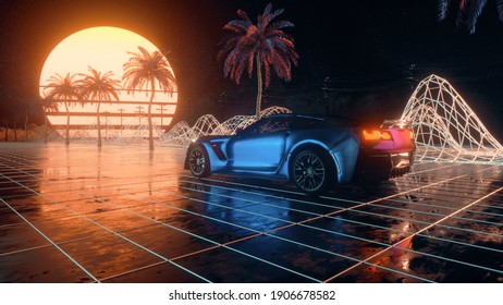 80s Retro Background 3d Illustration. Futuristic Car Drive Through Neon Abstract Space.