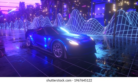 80s Retro Background 3D Illustration. Futuristic Car Drive Through Neon City.