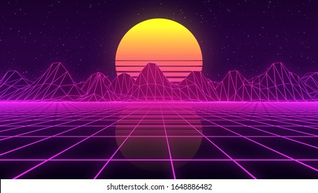 80s Retro Background, Grid terrain and sunset in retro style