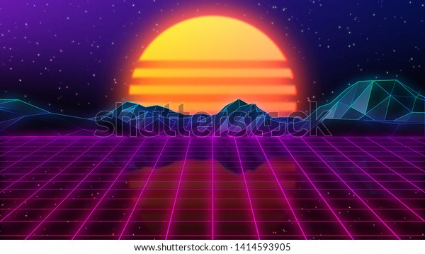 80s Retro Background Grid Terrain Sunset Stock Illustration 1414593905