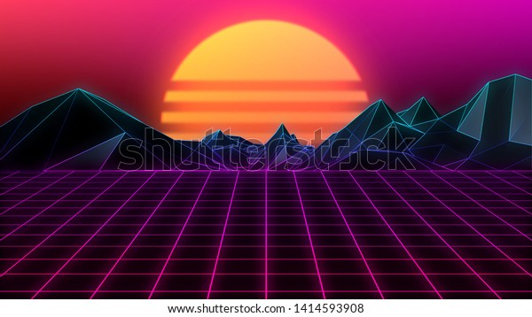 80s Retro Background Grid Terrain Sunset Stock Illustration 1414593908 