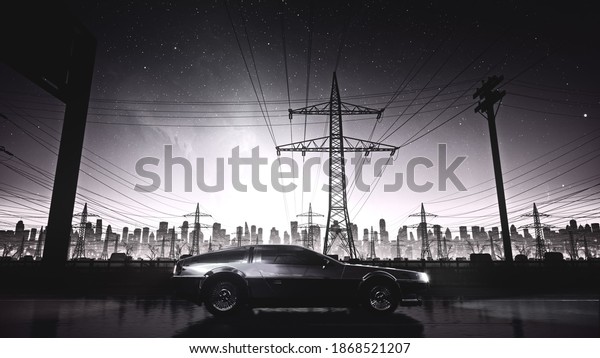 80s retro country drive with vintage car. Stylized\
black and white landscape in outrun VJ style, night sky and a city.\
Vaporwave 3D illustration background for music video, DJ set,\
clubs, EDM music