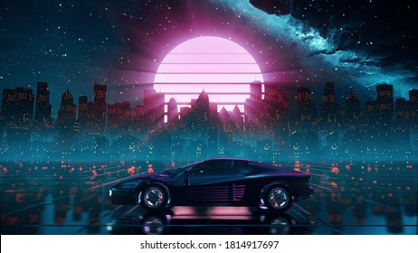 80s Retro Futuristic Drive Background With Vintage Car. Stylized Sci-fi City Landscape In Outrun VJ Style, Night Sky. Vaporwave 60 Fps 3D Illustration For EDM Music Video, DJ Set, Club. 4k