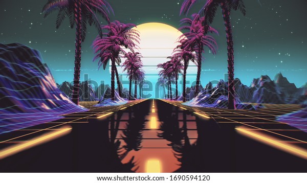 80s retro futuristic sci-fi background.\
Retrowave VJ videogame landscape with neon lights and low poly\
terrain grid. Stylized vintage cyberpunk vaporwave 3D render with\
mountains, sun and stars.\
4K
