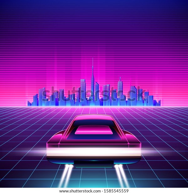 80s Retro Sci-Fi Background. Retro\
futuristic synth retro wave illustration in 1980s posters style.\
Suitable for any print design in 80s\
style