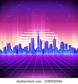 80s Retro Sci-Fi Background with Night City Skyline. Futuristic synth retro wave illustration in 1980s posters style. Suitable for any print design in 80s style