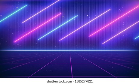 80s Retro Sci-Fi Neon Background Futuristic Grid Landscape. Digital Cyber Surface Style Of The 1980`s. 3D Illustration