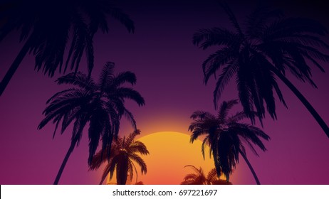 80's Retro Style Background With Tropical Coconut Trees And Sunset From 3d Render.