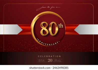 80th Anniversary Logo With Golden Ring And Red Ribbon Isolated on Elegant Background, Birthday Invitation Design And Greeting Card - Powered by Shutterstock