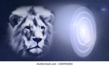 8-8 Meditation Cover Image, Depicting A Lion And A Space Portal.