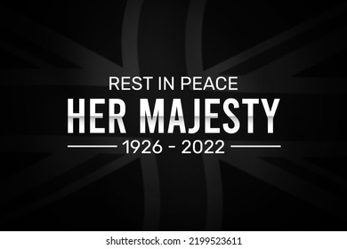 8.9.2022, United Kingdom. Rest In Peace Her Majesty With Funeral Typography And Waving Blur United Kingdom Flag. Mourning The Death Of Queen Elizabeth Backdrop