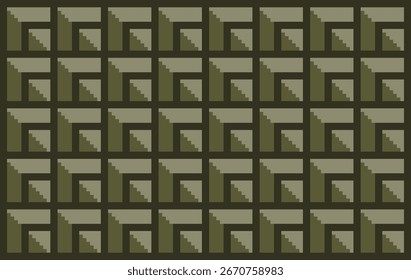 8-bit pixel art background featuring a geometric pattern of dark green and grey blocks with a three-dimensional effect. Ideal for a retro game dungeon or a classic texture, wallpaper, background.