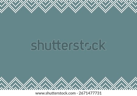 8-bit pixel art background with a soft teal color and decorative white chevron borders. Ideal for retro-themed cards, invitations, social media, card design with a boho style, wallpaper, background.