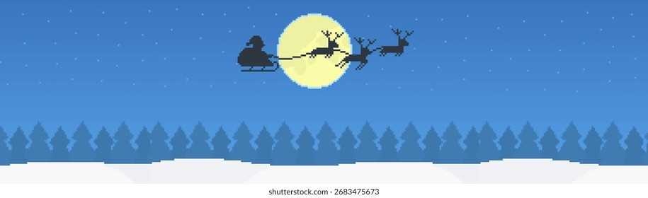 8-bit pixel art blue winter night sky with a bright pixel starlight, full moon, silhouette of santa and reindeer and a christmas background full of trees