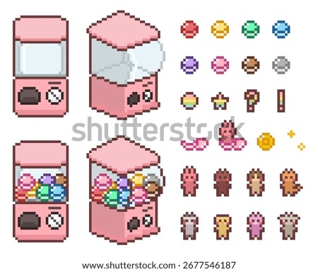 8-bit pixel art gacha machine with capsule toys and cute animal toy doll characters for retro arcade game assets