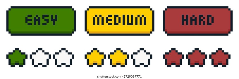 8-bit pixel art game difficulty button and stars ui set