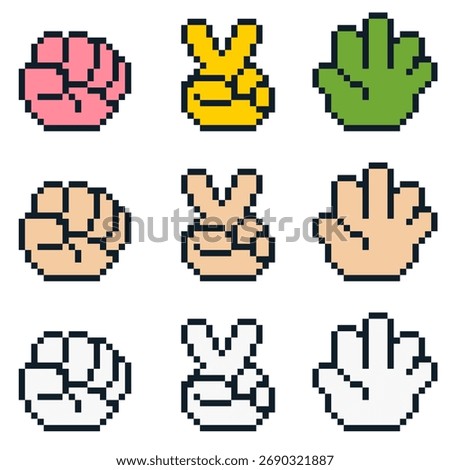 8-bit pixel art rock scissors paper game icon set