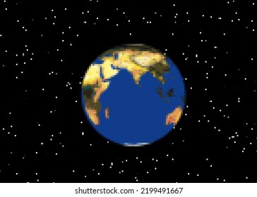 8-bit Pixel Art Style Illustration: Planet Earth In Space, With The Pacific Ocean As The Most Visible Feature (no Clouds), Surrounded By Many Stars. Cute Video Game Vibes.
