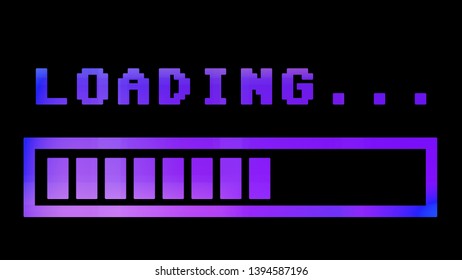 8-bit Retro Style Loading Text With Progress Bar, With A Purple Grading And Fading.
