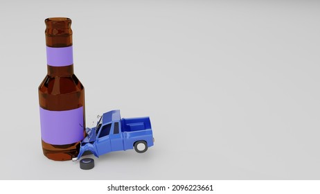 
8k 3d Render, 3d Image Of A Blue Toy Car Crashing Into A Bottle Of Liqour. Danger Of Drunk Driving. Healthy Lifestyle Concept.