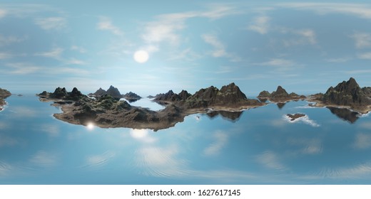 8K HDRI map, ocean with islands under a sunny sky (360 degree nature illustration, spherical background environment, 3d equirectangular panorama)